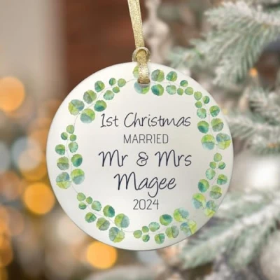 Image of GuteGifts Personalised 1st First Christmas Married As Mr &amp; Mrs Bauble Gift Couples Wife Husband 2021 Ceramic Ornaments Xmas Tree Decor Hanging Sign Keepsake, White