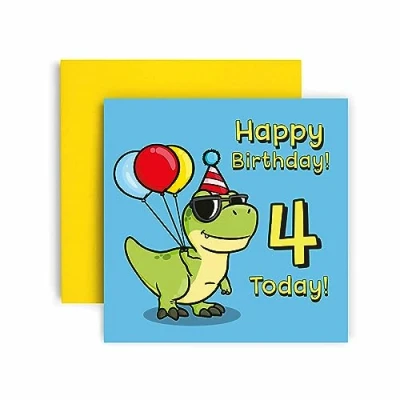 Image of Huxters 4th Birthday Card Dinosaur Cards for Boys T Rex Happy Son or Daughter Brother Sister Friend Envelope (4th)
