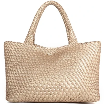 Image of Queenoris Woven Bag for Women, Fashion Top Handle Shoulder Vegan Leather Shopper Large Travel Tote Bag, Golden