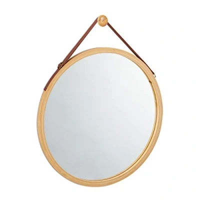 Image of Relaxdays Round Hanging Mirror, Adjustable Strap, Bamboo Frame, Modern, Floor &amp; Bathroom, ∅: 45 cm, Natural