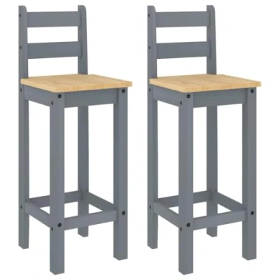 Image of vidaXL Grey Solid Wood Pine Bar Stools 2 pcs Set, Rustic Pub Chairs with Backrest, Footrest, Honey Wax Finish, for Kitchen/Dining