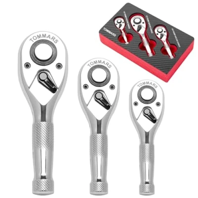 Image of TOMMARS Stubby Ratchet Set, 1/4&quot;, 3/8&quot;, 1/2&quot; Drive Handle Wrench 72 Tooth Quick Release Reversible
