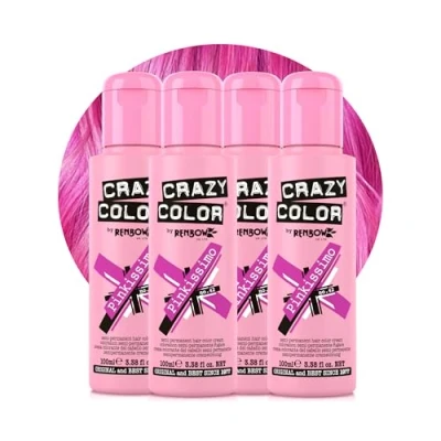 Image of Crazy Color Vibrant Pinkissimo Semi Permanent Hair Dye 4 Pack Quad. Highly Pigmented Magenta Conditioning &amp; Oil Nourishing Vegan Formula No Bleach or Ammonia 400ml
