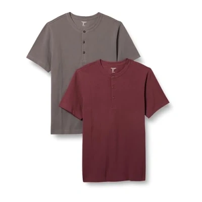 Image of Amazon Essentials Men&#039;s Slim Fit Short Sleeve Pique Henley Shirt, Pack of 2, Burgundy/Grey, S