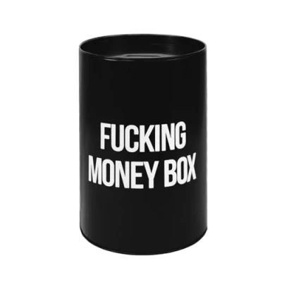 Image of Fisura Original money box. Large steel box for adults. Tin gift. Measures: 13 x 20 centimetres. (F*cking box, black)