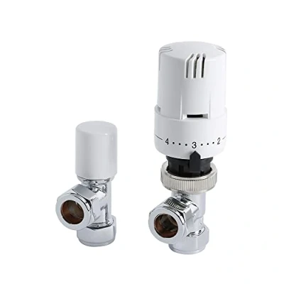 Image of Milano Modern Pair of Chrome White Angled Thermostatic Radiator Valves