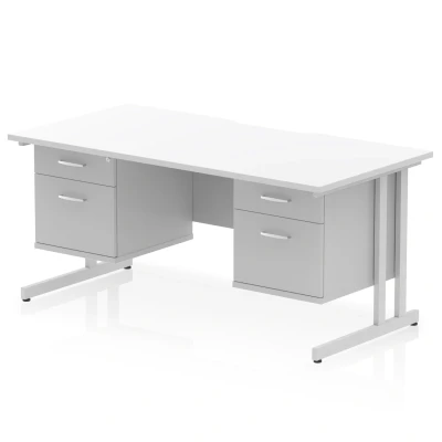 Image of Impulse 1600 x 800mm Scalloped Edge Straight Office Desk White Top Silver Cantilever Leg Workstation 2 Drawer Fixed Pedestal