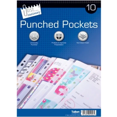 Image of Just stationery 10 Clear Plastic Punched Pocket