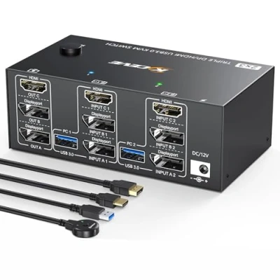 Image of USB 3.0 HDMI + 2 DisplayPort KVM Switch 3 Monitors, 8K@30Hz/4k@144Hz Triple Monitor for Computer Share Display and 4 Devices. Wired Remote Cables Included