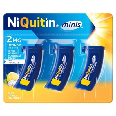 Image of NiQuitin 2mg Minis Citrus Lozenges Flavour (3 x Pack of 20 Nicotine Lozenges) Smoking Craving Relief in Just 3 Minutes* On The Go Pocket Sized Containers.