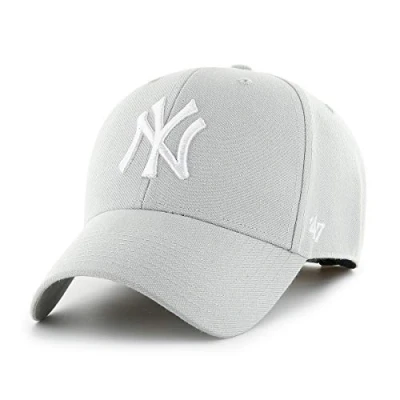 Image of 47 MLB New York Yankees MVP Unisex Baseball Cap, Hook &amp; Loop Strap, White Logo, Colour Light Grey