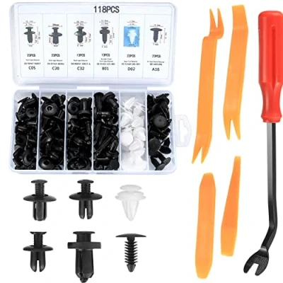 Image of 118 Pcs Car Body Trim Clips, Retainer Universal Auto Plastic Nylon Rivet Clips for Door Bumper Fasteners Remover, with Panel Removal Pry Tool
