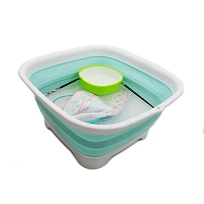 Image of SAMMART 9.3L Collapsible Dishpan with Draining Plug Foldable Washing Basin Portable Dish Tub Space Saving Kitchen Storage Tray (White/Lake Green)