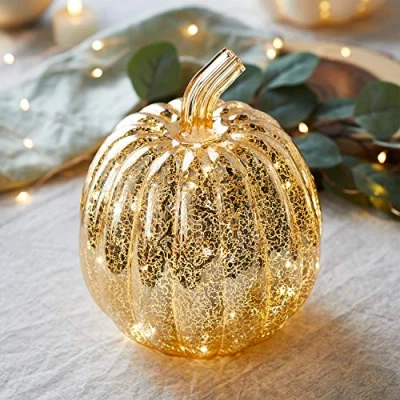 Image of Lights4fun Gold Mottled Glass Pumpkin Battery Operated LED Autumn Halloween Light Up Indoor Decoration 21cm