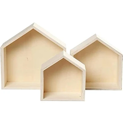 Image of Creativ 100263 Set of 3 Wooden Box House Shaped Shelf Box, wall art B Stock., Beige
