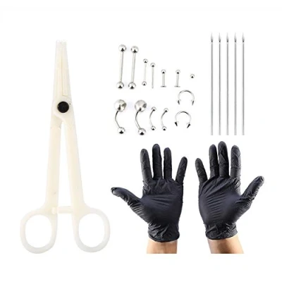 Image of Alucy 20pcs/Set Tongue Nose Belly Button Body Jewellery Piercing Rings Clamp Gloves Needles Tool Kit, Cartilage Jewelry, Professional for Supplies