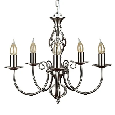 Image of MiniSun Traditional Style Satin Nickel Barley Twist 5 Way Ceiling Light Chandelier with x Thermal Plastic 4w SES E14 LED Cool White Bulb
