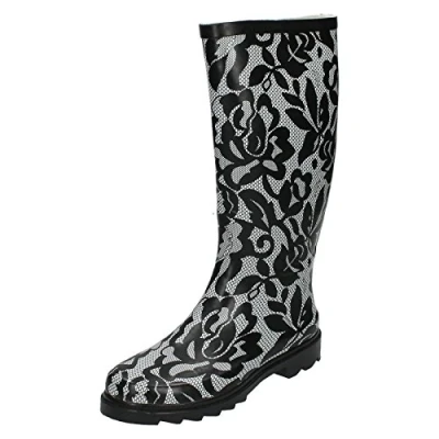 Image of Spot On Ladies Lace Print Rubber Wellington Boots X1103 Black 5 UK, 38 EU