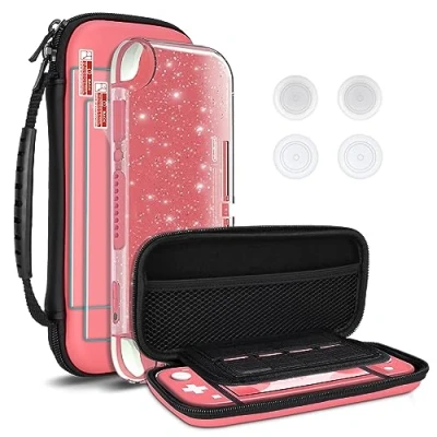 Image of DLseego Carry Case Compatible with Switch Lite,Portable Travel Cover Hard Shell 1 Glitter Case, 2 Screen Protectors and 4 Thumb Grips Caps for Lite Coral Red