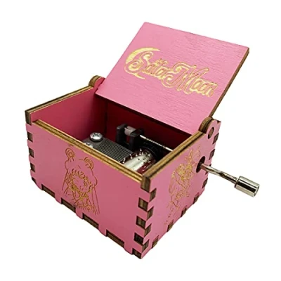 Image of Sailor Moon Music Box Hand Crank Musical Carved Wooden,Play Theme Song,Pink
