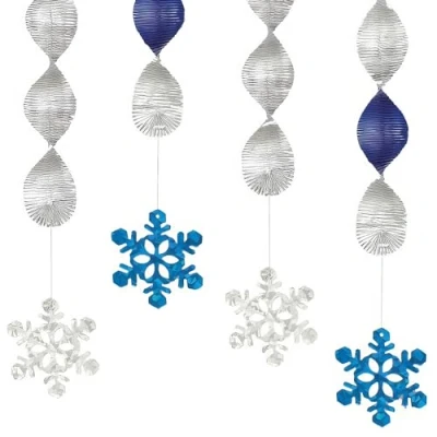 Image of Unique Party 90325 45cm Foil Hanging Swirl Snowflake Christmas Decorations, Pack of 4, 18&quot;, Silver &amp; Blue