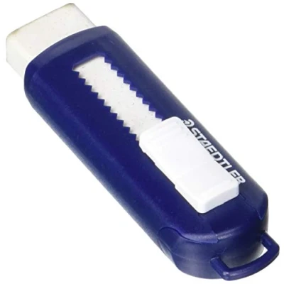 Image of STAEDTLER 525 PS1 Eraser with Sliding Cover PVC, Phthalate and Latex Free, Box, 1 Piece, White/Blue