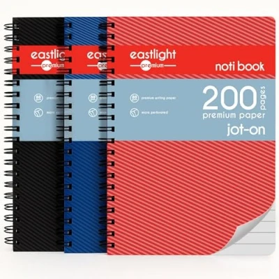 Image of Noti A5 Wirebound Notebook, Ruled &amp; Perforated, 200 White pages, Assorted Covers, Pack of 3
