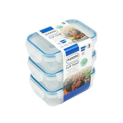 Image of Addis Clip Tight Food Storage Containers 240 ml Rectangle Pack Of 3 Airtight Bpa Free Easy Locking Lid Clips, Clear Transparent