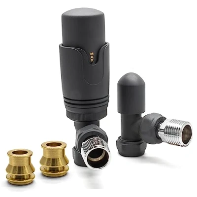 Image of Thermostatic TRV Angled Anthracite Radiator Valves 1/2&quot; x 15mm with Brass Reducer Compression Valve to 10mm