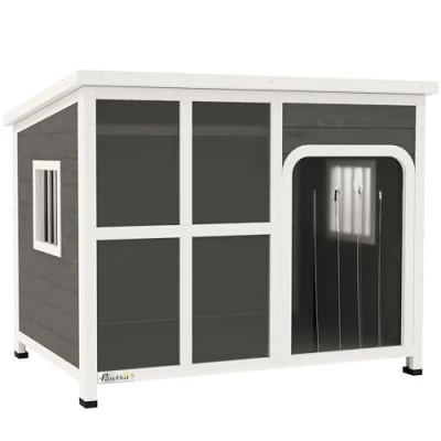Image of PawHut Dog Kennel Outdoor, Wooden House with Asphalt Openable Top, Removable Floor, Clear Front Panel, Curtain, Windows, Shelter for Small Medium Large Dogs, 103 x 77 83cm, Light Grey