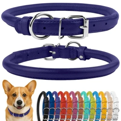 Image of CollarDirect Rolled Leather Dog Collar, Soft Padded Round Puppy Handmade Genuine Collar Small Large Cat Collars Black Pink Red Purple Blue (Fits 12&quot; 15&quot; Neck, Purple)