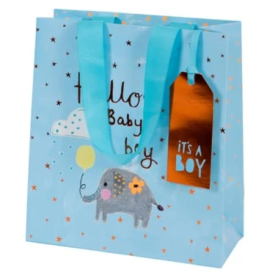 Image of Glick Luxury Gift Bag, Elephant, Baby Boy Medium Celebration New Welcome Paper Salad 200x225x100mm, Blue