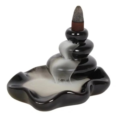 Image of Black Resin Large Pebbles Backflow Incense Burner 7.5cm x 9.3cm (1 Pc.) Unique &amp; Eye Catching Design Enhance Relaxation Meditation Ideal for Artistic Home Decor