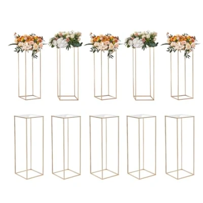 Image of VEVOR 10PCS 31.5inch/80cm High Wedding Flower Stand, With Acrylic Laminate,Metal Vase Column Geometric Centerpiece Stands, Gold Rectangular Floral Display Rack for Events Reception, Party Decoration