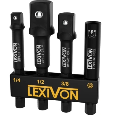 Image of LEXIVON Impact Socket Adapter Set 1/4 Inch to 1/4, 3/8, 1/2, Drive Includes Magnetic Bit &amp; Holder/Organizer Rack (LX 104)