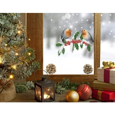 Image of QuoteMyWall Pair Of Robins Holly Branch Christmas Window Stickers