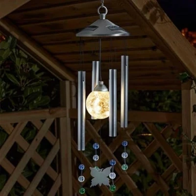 Image of Garden Mile Solar Powered Light Up Wind Chime for Outdoors Durable Weatherproof LED Warm White Outdoor Musical Chimes Décor Garden, Patio and Space (64cm, Butterfly)