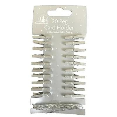 Image of Tallon International Pack of 20 Wooden Peg Christmas Card Holders With Metallic String Festive Colours Decoration (Silver)