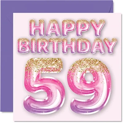 Image of 59th Birthday Card for Women Pink &amp; Purple Glitter Balloons Happy Cards 59 Year Old Woman Mum Nanny Grandma Gran Auntie, 145mm x Fifty Nine Ninth Bday Greeting Gift