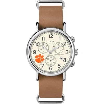 Image of Timex Tribute Men&#039;s Collegiate Weekender Chrono 40mm Quartz Leather Strap, Clemson Tigers