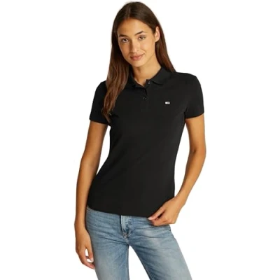 Image of Tommy Jeans Women’s Essential Stretch Slim Fit Short Sleeve Polo Shirt, Black (Black), L