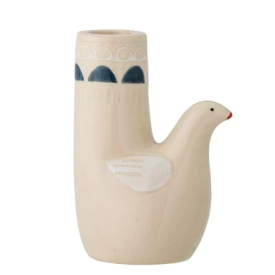 Image of Bloomingville Trudy Collection White Stoneware Candle Holder, Hand Painted Unique Bird Design, Ideal for Home Decor, Fits 2.2cm Diameter Candles, D8.5xH11.5 cm Size