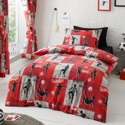 Image of Happy Linen Company Boys Girls Kids Freestyle Football Tricks Red Double Reversible Duvet Cover Bedding Set