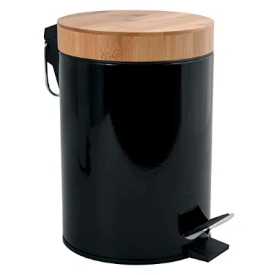 Image of MSV Bathroom Bin 3 Litre Stainless Steel and Bamboo with Soft Close Mechanism Inner Bucket Aza Bin, Black