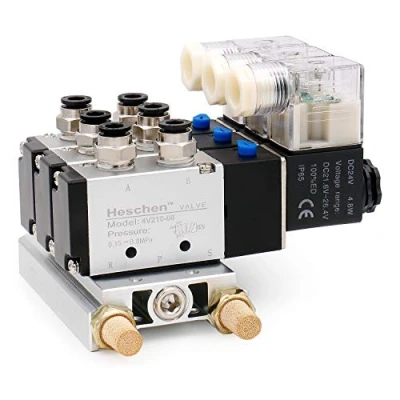 Image of Heschen Electrical Pneumatic Triple Solenoid Valve 4V210 08 DC 24V PT1/4 5 Way 2 Position Manifold Base Muffler Quick Fittings Set