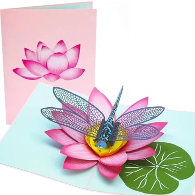 Image of PopLife Blue Dragonfly and Lotus 3D Pop Up Card Mother&#039;s Day, Valentine&#039;s Birthday, Thank you, Get Well, Anniversary for Friends, Sister, Wife, Grandma, Daughter, Girlfriend