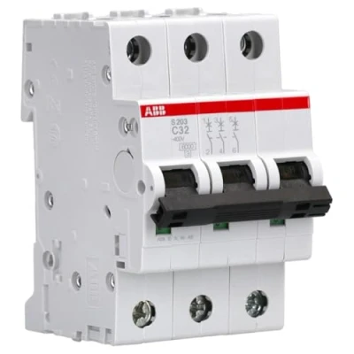 Image of ABB S203 C32 Miniature Circuit Breaker, 3 Pole, Type C, 6/10kA Breaking Capacity, 32 Amp Current (2CDS253001R0324)