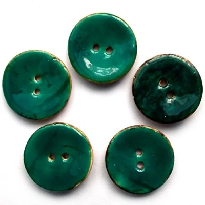 Image of Coconut Shell Round 2 Hole Buttons with Colour Enamel Pack of 5 (Turquoise, 30mm)