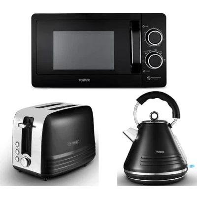 Image of Tower Ash Black 1.7L 3KW Pyramid Kettle, 2 Slice Toaster &amp; T24042BLK 800W 20 Litre Manual Microwave. Contemporary Matching Microwave Set in