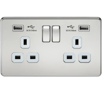 Image of KnightsBridge 2G 13A Screwless Polished Chrome Switched Socket with Dual 5V USB Charger Ports White Insert